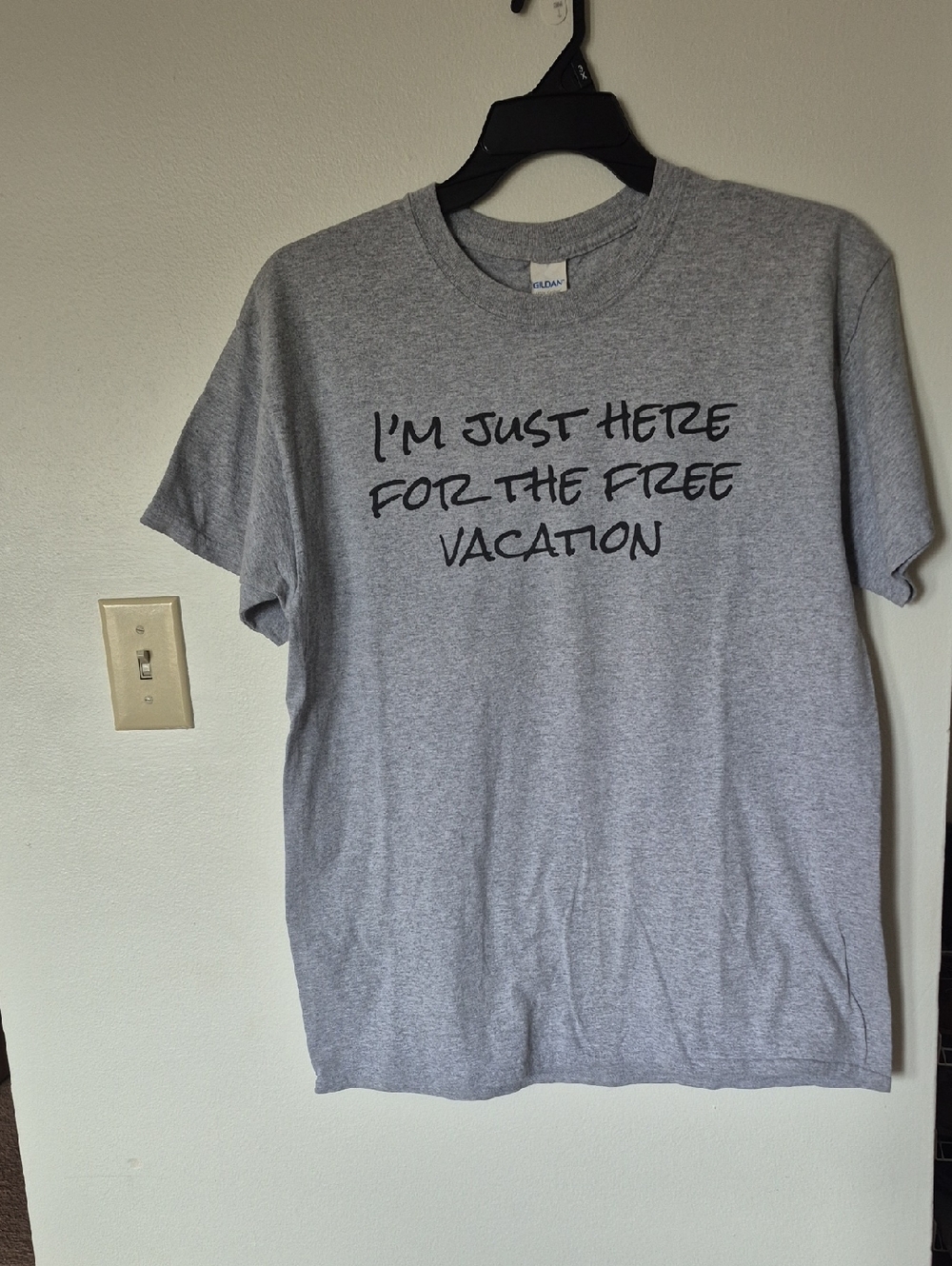 Gray Graphic Humorous T-shirt, "I'M JUST HERE FOR THE FREE VACATION"Large